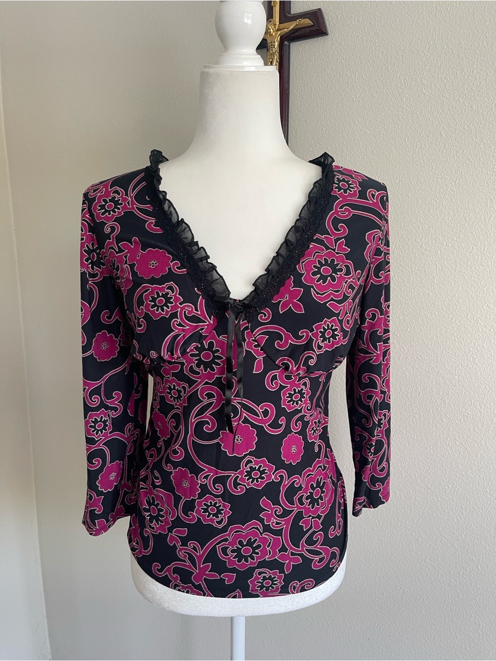 Studio Black Top with Magenta Floral Print and Lace V-Neck